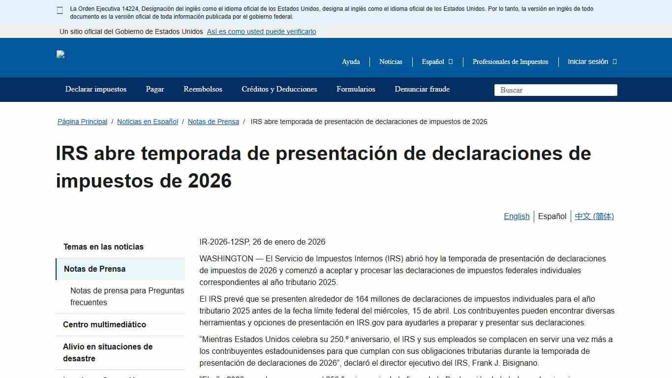 IRS abre temporada de presentación de declaraciones de impuestos de 2026 Internal Revenue Service